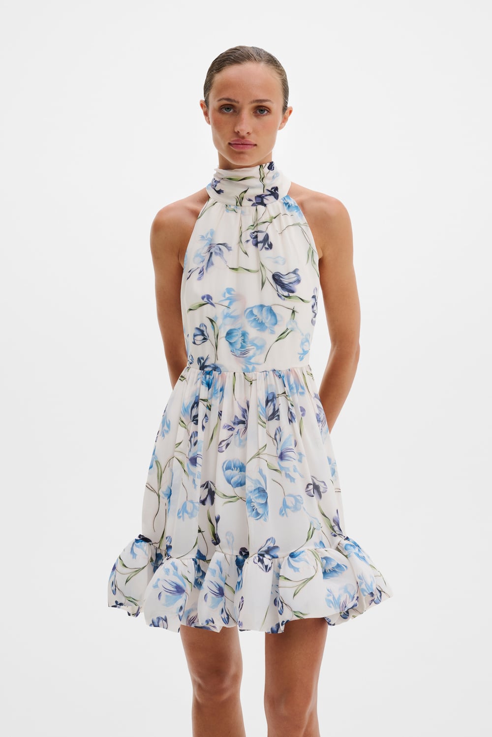 fern linen blend mini halter dress - White - MINI DRESSES | Malina SCH004208_B