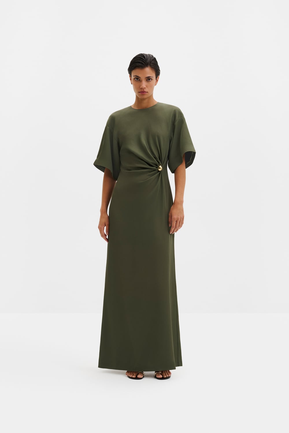 carlea maxi dress Caelia | Brown Asymmetric-Neck Maxi Dress With Gold-Detailing And Sash